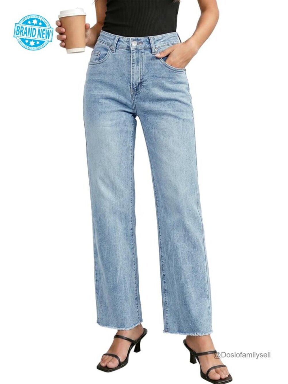 High Waisted Straight Leg Jeans Stretchy Frayed Raw Hem Loose Denim Pants